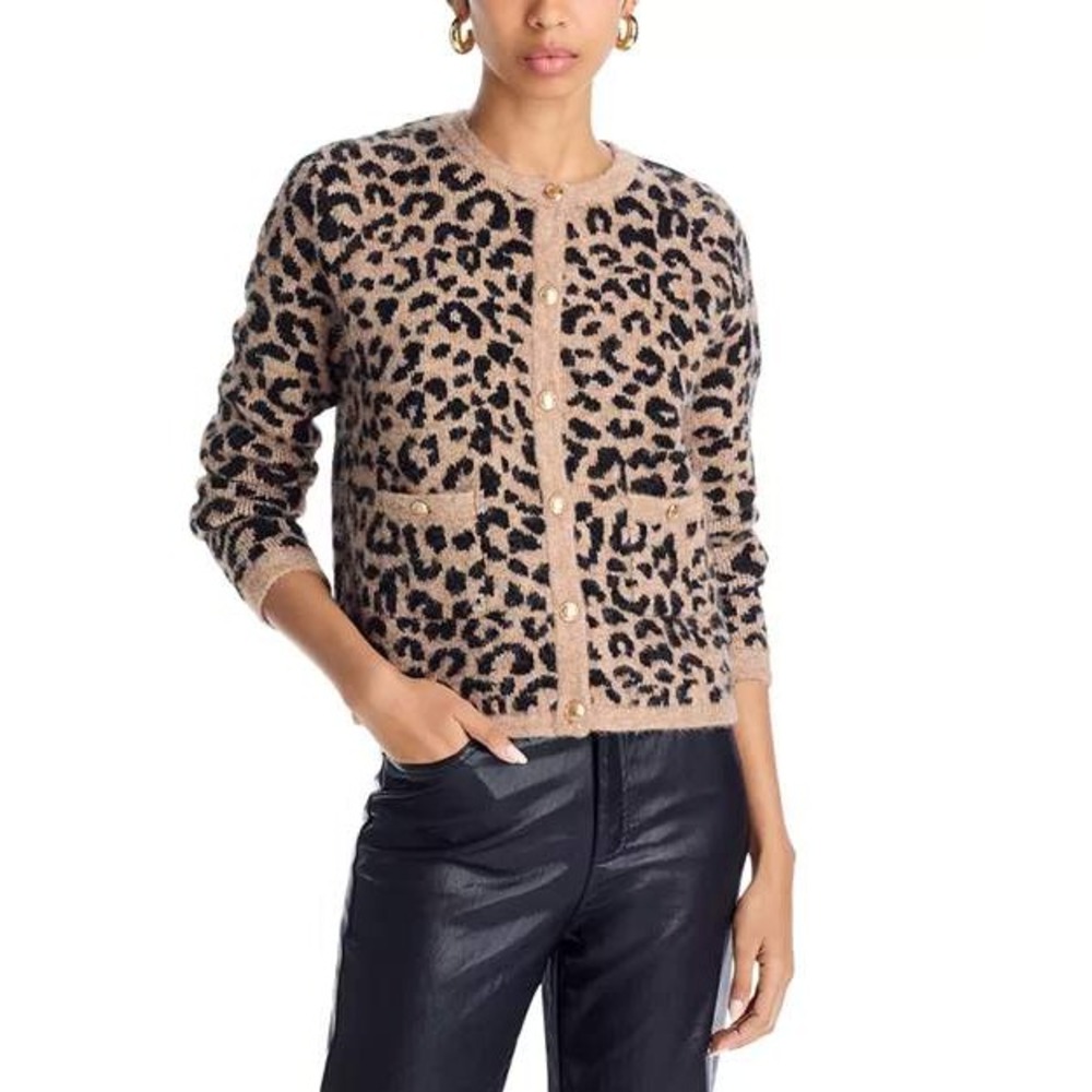 AQUA Leopard Print Fuzzy Knit Cardigan Gold Crest Button Sweater Tan Black M